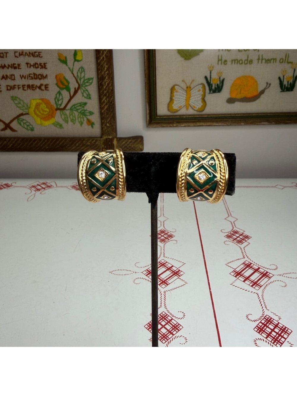 Burberrys gold tone green enamel rhinestone half hoop clip earrings vintage 80s